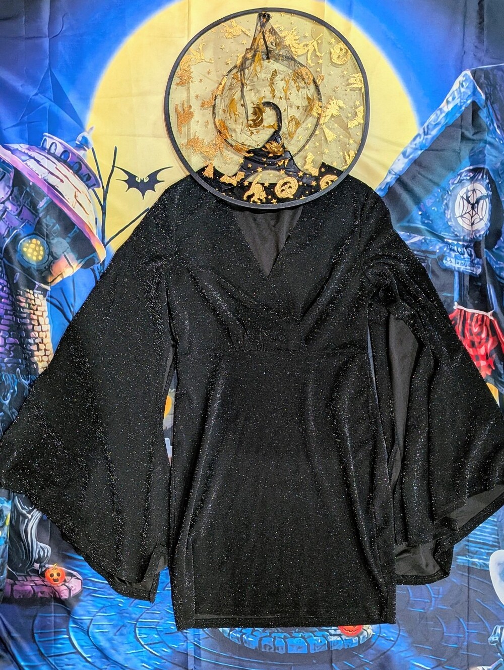 Witch Halloween Costume Women Sparkle Gold Black Dress Medium Hat Witchy Silver